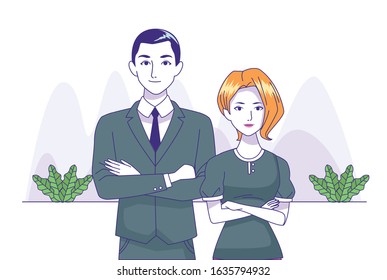business couple standing over decorative plants and white background, colorful design, vector illustration