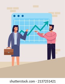 pareja de negocios con personajes de estadísticas