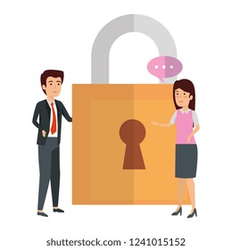 business couple talking with padlock