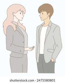 Business couple together discussing project. Business people talking. Businessman and businesswoman having conversation during break Hand drawn flat cartoon character vector illustration.