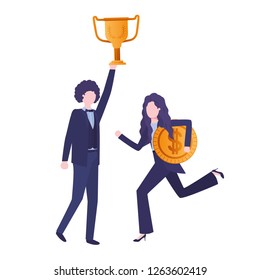 business couple with trophy and coin character