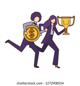 business couple with trophy and coin character