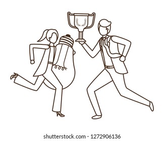 business couple with trophy and light bulb