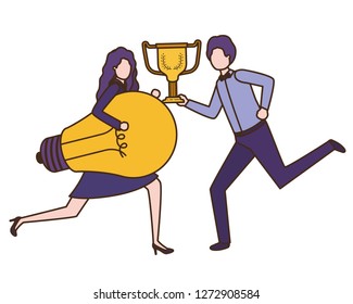 business couple with trophy and light bulb