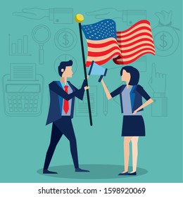 business couple with united states american flag vector illustration design