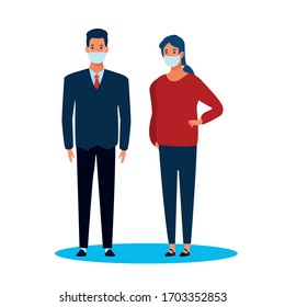 pareja de negocios que usa máscara facial para el diseño de ilustraciones vectoriales covid19
