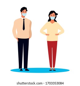 business couple using face mask for covid19 vector illustration design