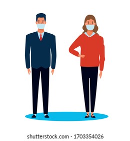 business couple using face mask for covid19 vector illustration design