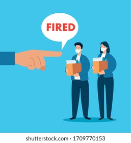 business couple using face mask fired of work vector illustration design