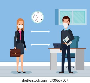 business couple using face mask and social distancing for covid19 vector illustration design