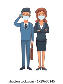 business couple using face masks vector illustration design