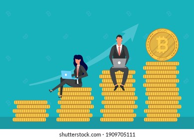 business couple using laptops seated in bitcoins vector illustration design