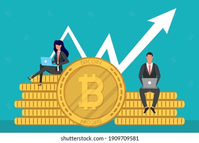 business couple using laptops seated in bitcoins with arrow up vector illustration design