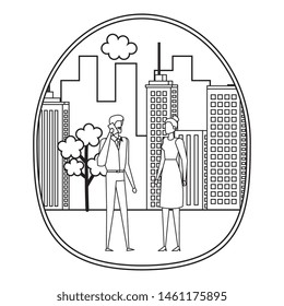 business couple using smartphone on the city