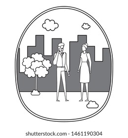 business couple using smartphone on the city