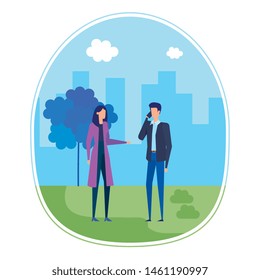 business couple using smartphone on the city