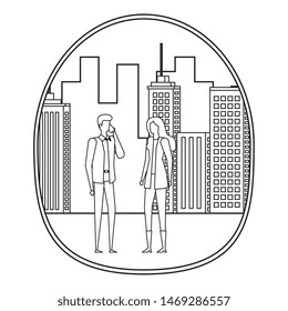 business couple using smartphone on the city