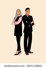 Business couple wearing formal official outfit. Woman and man standing together in confident pose. Flat vector realistic illustration isolated on neutral background.	