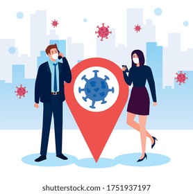 business couple wearing medical mask communicating by smartphones, covid 19, social media coronavirus concept vector illustration design