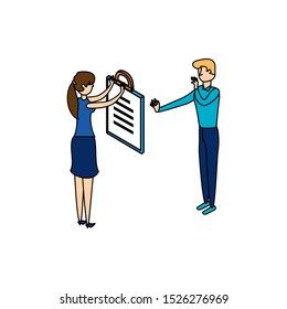 business couple workers with checklist document vector illustration design