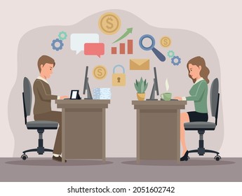 business couple working in the office characters