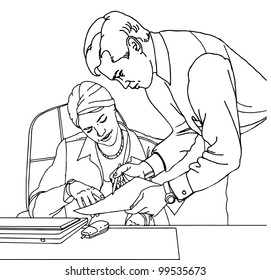Business couple working  at the office  vector illustration in outline; isolated on background.