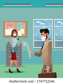 business couple working and wearing medical mask vector illustration design