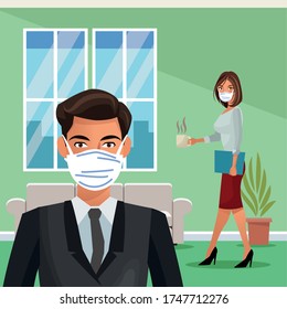business couple working and wearing medical mask vector illustration design