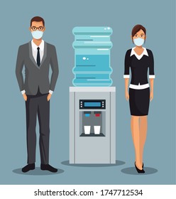 business couple working and wearing medical masks vector illustration design