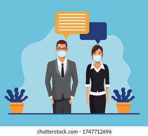 business couple working and wearing medical masks vector illustration design