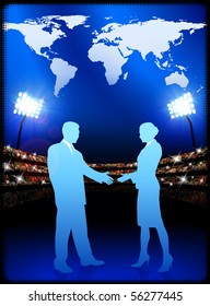 Business Couple with World Map on Stadium Background Original Illustration