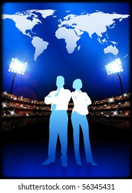 Business Couple with World Map on Stadium Background Original Illustration