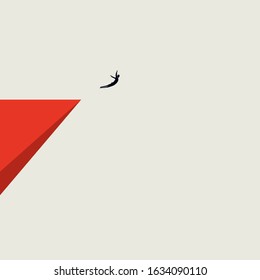 Business courage and bravery vector concept with businessman jumping off a cliff. Symbol of new career opportunity, risk overcoming, ambition and motivation. Eps10 illustration.