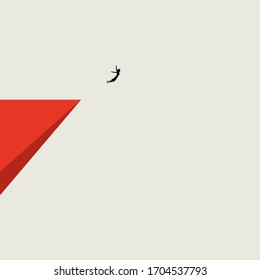 Business courage, emancipation and strengt, bravery vector concept with businesswoman jumping off a cliff. Symbol of new career opportunity, risk. Minimal art design. Eps10 illustration.