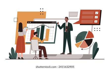 Business course graphs concept. Men and woman analyze charts and diagrams. Team of analysts conduct marketing research. Cartoon flat vector illustration isolated on white background