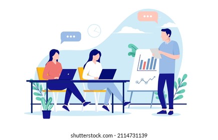Business course - Male teacher presenting graphs and charts to students. Flat design vector illustration with white background - Shutterstock ID 2114731139