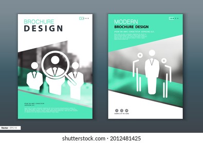 Business Cover, Brochure Design Template. Search For Employees For Work, Teamwork, People. Title Page. Corporate Business Report, Magazine, Layout. Creative Geometric Green Design. Ad Text, A4, Logo
