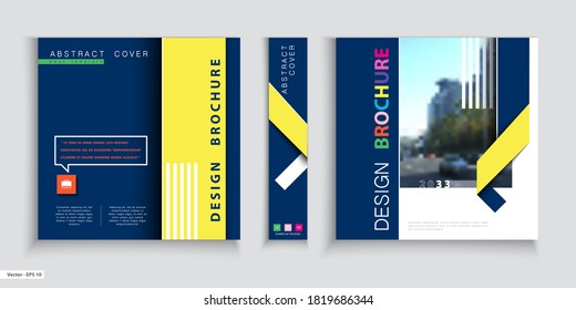 Business Cover Design. Abstract Brochure Template. City. Title Page Set. Colorful Page, Blue, Square, Catalog, Booklet, Layout. Design Of Geometric Lines. Logo Icon. Annual Report, Title. Ad Text Font