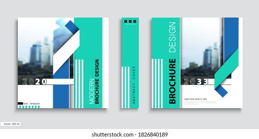 Business Cover Design. Abstract Brochure Template. City. Title Page Set. Turquoise And Blue Square, Booklet, Layout. Design Of Geometric Strips, Ribbon. Logo Icon. Annual Report, Title. Ad Text Font