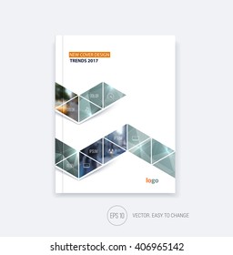 Business cover design, abstract brochure template, report, flyer layout, booklet in A4 with grey green triangular zig zag geometric shapes on polygonal background in minimal style. Vector.