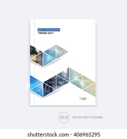 Business cover design, abstract brochure template, report, flyer layout, booklet in A4 with blue beige triangular zig zag geometric shapes on polygonal background in minimal style. Vector.