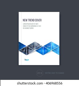 Business cover design, abstract brochure template, report, flyer layout, booklet in A4 with blue triangular zig zag geometric shapes on polygonal background in minimal style. Vector Illustration.
