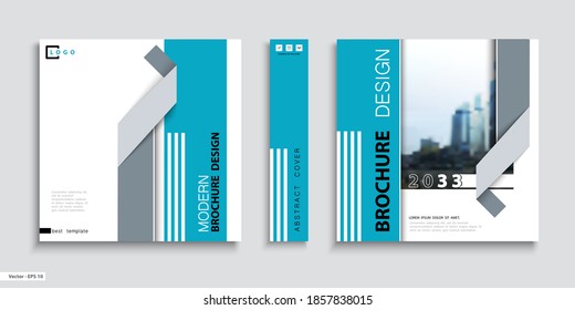 Business Cover Design, Construction. Abstract Brochure Template. City. Title Page Set. Blue Geometric Design, Square, Booklet, Layout. Strips, Ribbon, Logo, Icon. Annual Report, Title. Ad Text, Font

