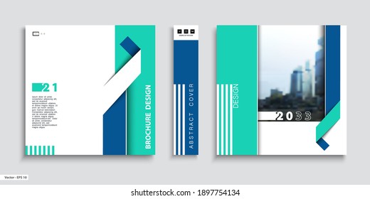 Business Cover Design, Construction. Abstract Brochure Template. City. Title Page, Set. Green Blue Geometric Design, Ribbon, Square, Booklet, Layout. Modern, Logo, Icon. Annual Report, Title. Ad, Font