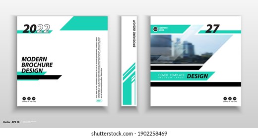 Business cover design, construction, office. Abstract brochure template. City. Title page, set. Green geometric design, figures, booklet, layout. Modern, logo, icon. Annual report, title. Ad text