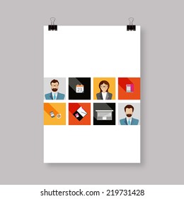 Business Cover Design with Flat elements, Faces and office things.