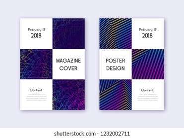 Business cover design template set. Rainbow abstract lines on dark blue background. Awesome cover design. Extra catalog, poster, book template etc.