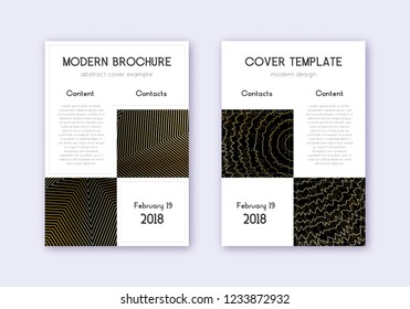 Business cover design template set. Gold abstract lines on black background. Appealing cover design. Attractive catalog, poster, book template etc.