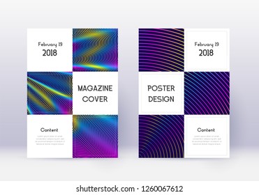 Business cover design template set. Rainbow abstract lines on dark blue background. Awesome cover design. Fine catalog, poster, book template etc.