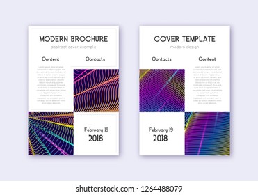 Business cover design template set. Rainbow abstract lines on dark blue background. Astonishing cover design. Awesome catalog, poster, book template etc.